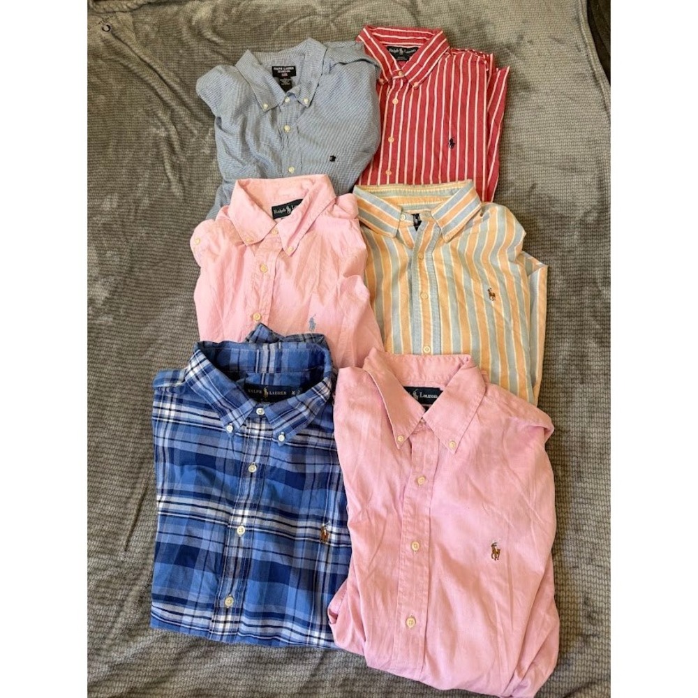 Lot of 6 Ralph Lauren Mens Button Down Shirts Plaid Striped Gingham Pink Blue